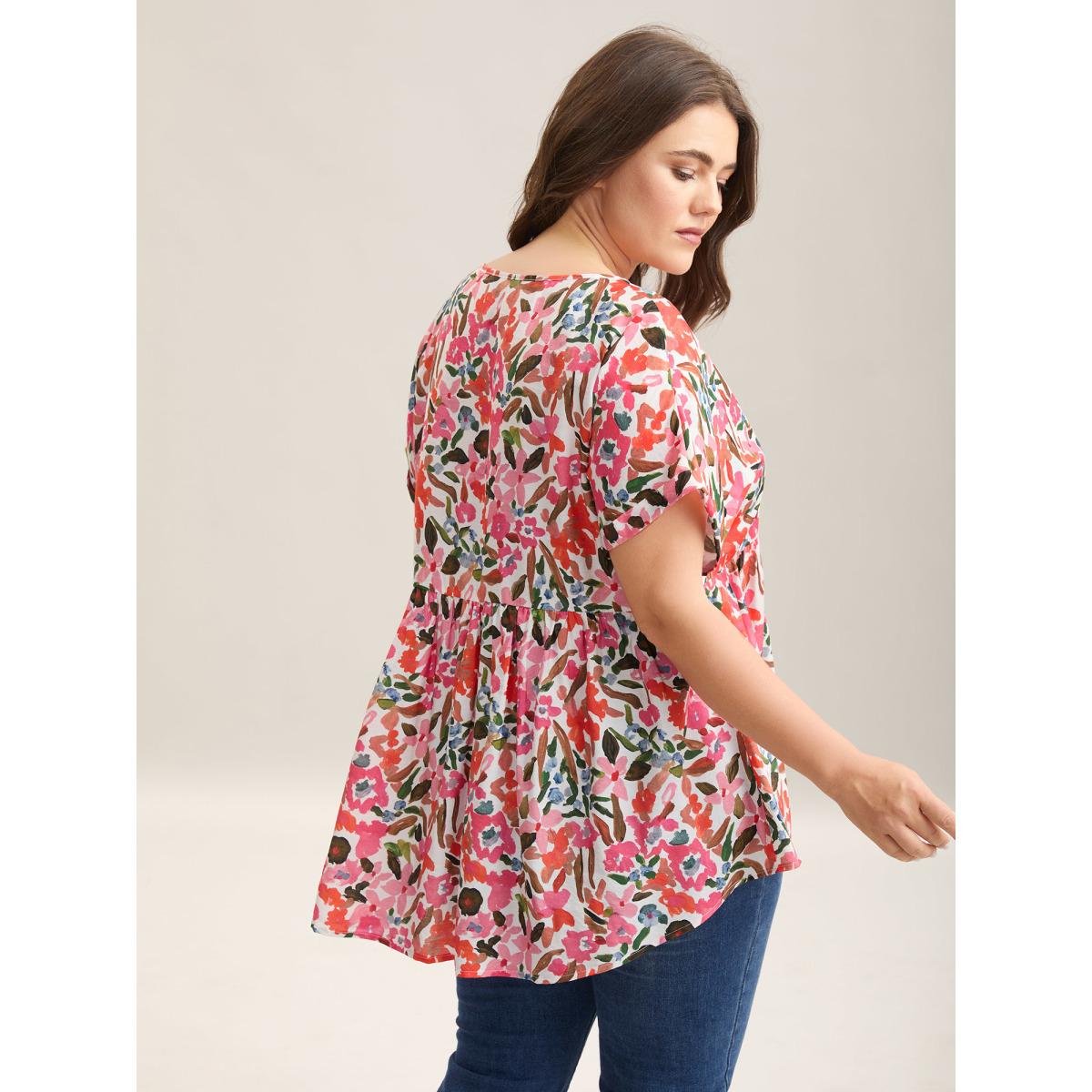 Plus Size Blush Fruit Print Curved Hem Batwing Sleeve Blouse Women Leisure Cap Sleeve Round Neck Casual Blouses BloomChic 14-16/1X Product Image