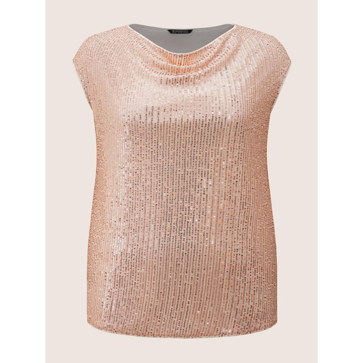 Plus Size Champagne Solid Sequin Cowl Neck Sleeveless Blouse Women Cocktail Sleeveless Cowl Neck Party Blouses BloomChic 28/5X Product Image