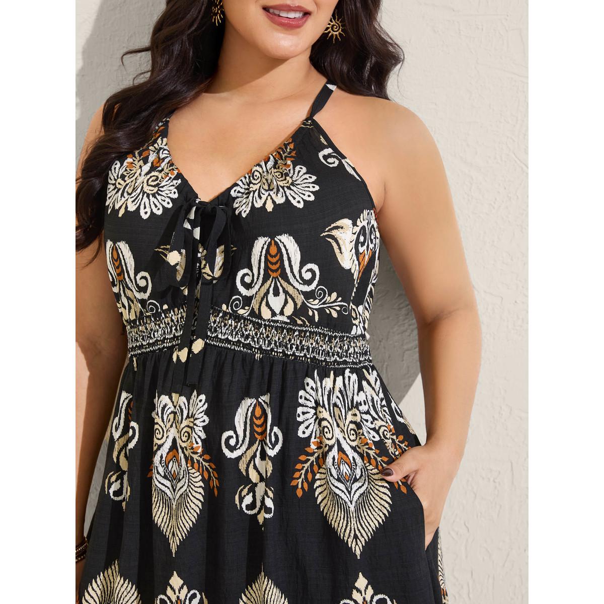 Plus Size Boho Print Pockets Cinched-Waist Midi Dress Black Women V-neck Sleeveless Curvy BloomChic 14-16/1X Product Image