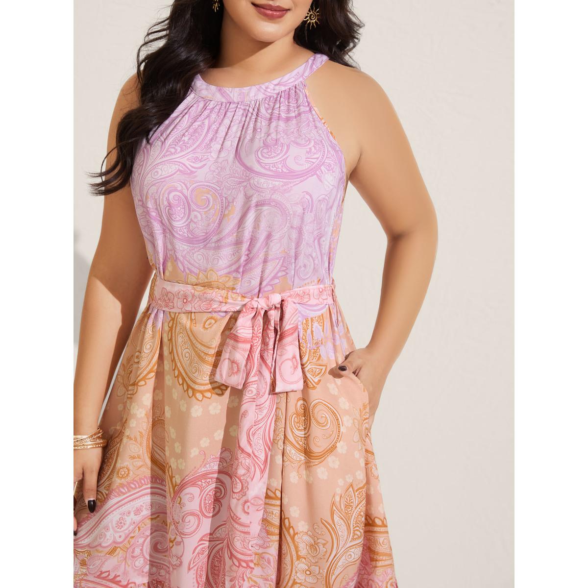 Plus Size Paisley Print Belted Color Contrast Midi Dress Multicolor Women Round Neck Sleeveless Curvy BloomChic 28/5X Product Image