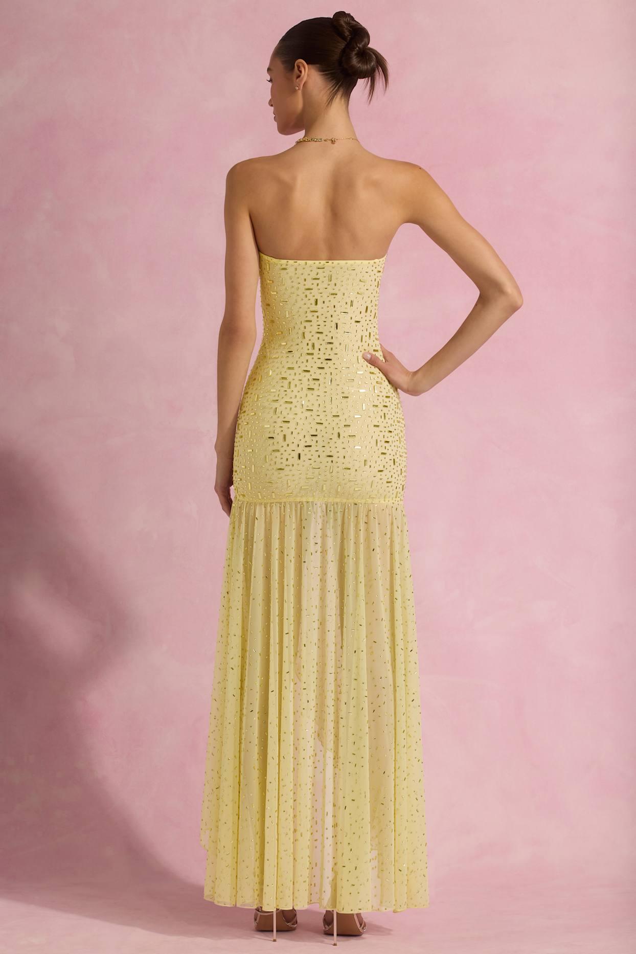 Semi-Sheer Embellished Asymmetric Maxi Dress in Yellow Product Image