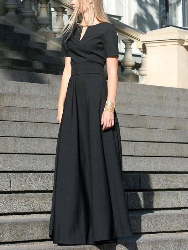 Half Sleeves High Waisted Solid Color Tied Waist V-Neck Maxi Dresses Product Image