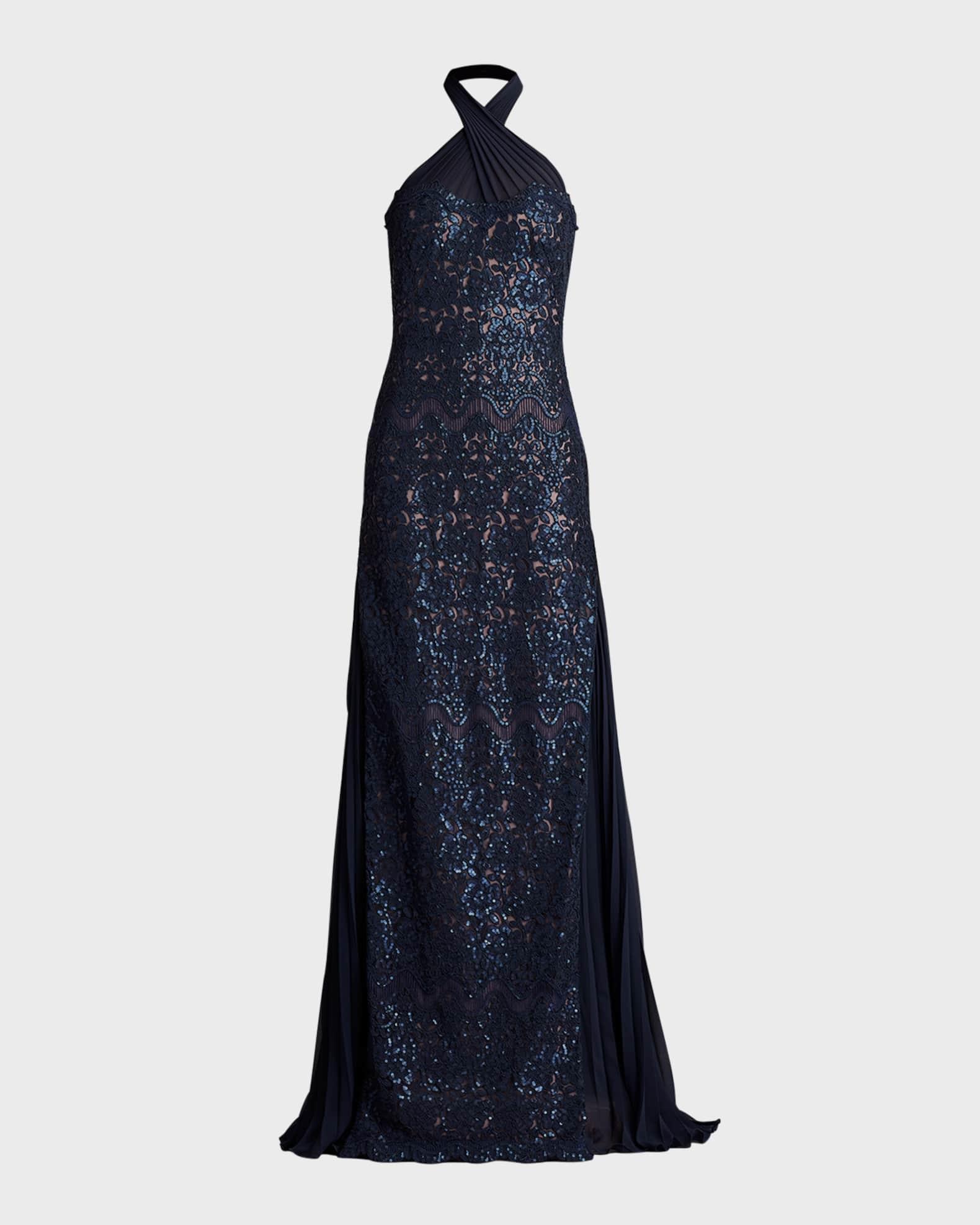 Sleeveless Sequin Floral Lace Halter Gown Product Image