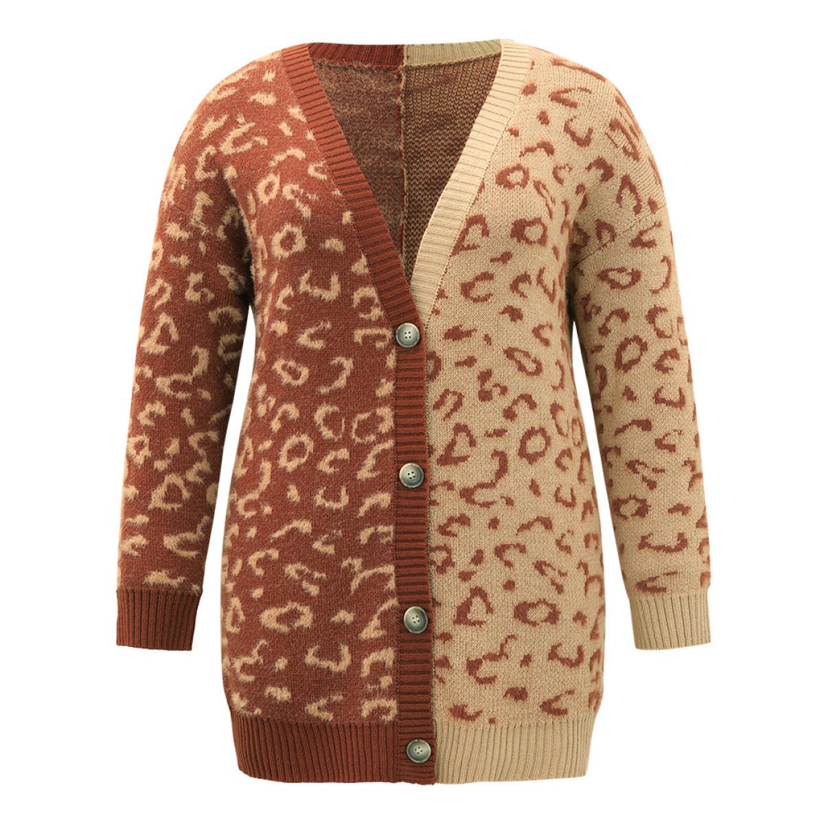 Plus Size Leopard Print Contrast Button Through Cardigan Leopard Women Casual Loose Long Sleeve Dailywear Cardigans BloomChic 22-24/3X Product Image