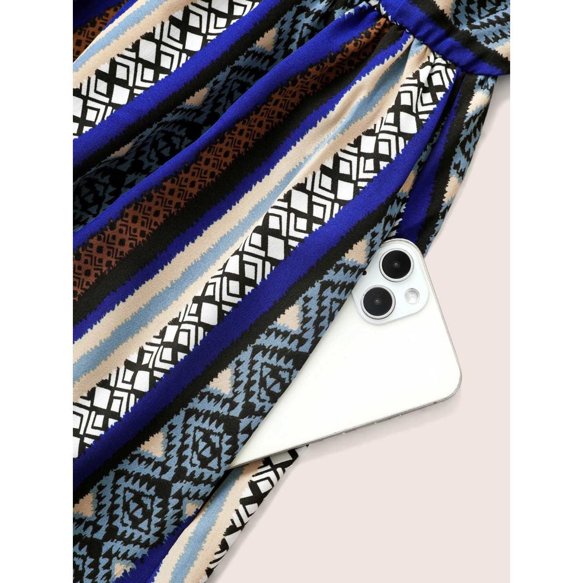 Plus Size Bandana Striped Curved Hem Ruffle Sleeve Dress Mediumblue Women Resort Gathered Notched collar Short sleeve Curvy BloomChic 10/M Product Image