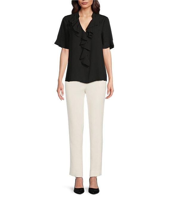 KARL LAGERFELD PARIS Short Sleeve Ruffle Front V-Neck Blouse Product Image