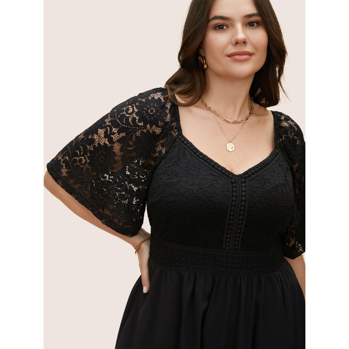 Plus Size Crochet Lace Heart Neckline Patchwork Shirred Dress Black Women Elegant Woven ribbon&lace trim Heart neckline Short sleeve Curvy BloomChic 14-16/1X Product Image