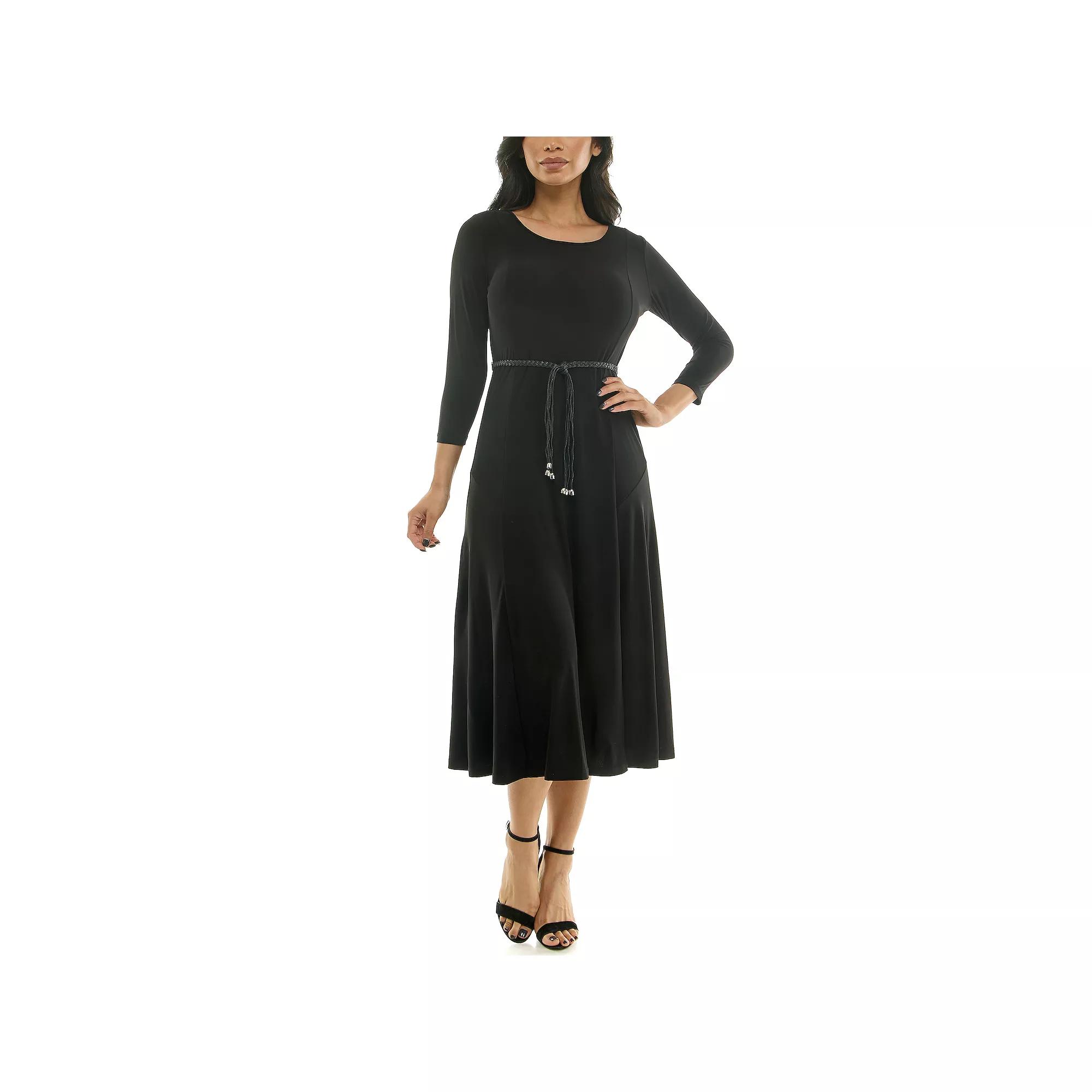 Women's Nina Leonard Sylvia Three-Quarter Sleeve Belted Midi Dress,  Product Image
