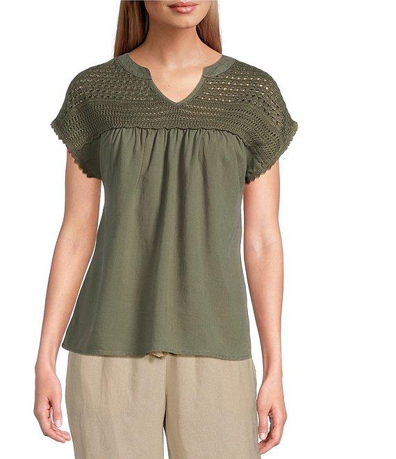 Westbound Crochet Yoke Notch Neck Short Sleeve Top Product Image