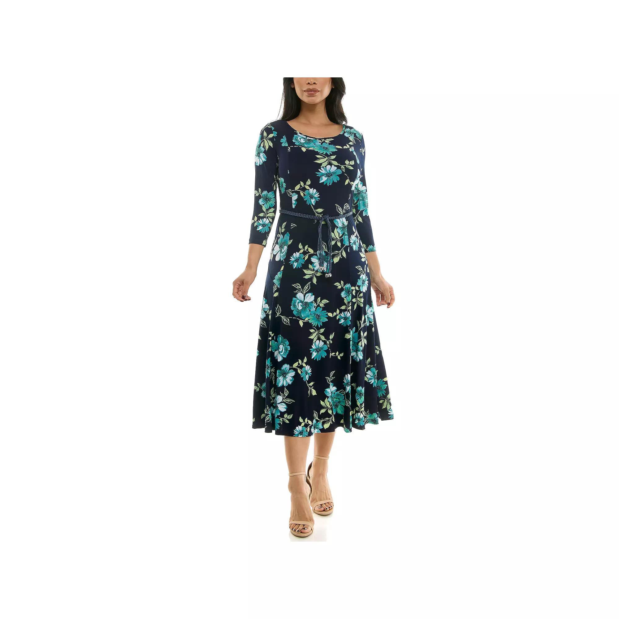 Women's Nina Leonard Sylvia Three-Quarter Sleeve Belted Midi Dress, Size: Medium, Rift Team Product Image