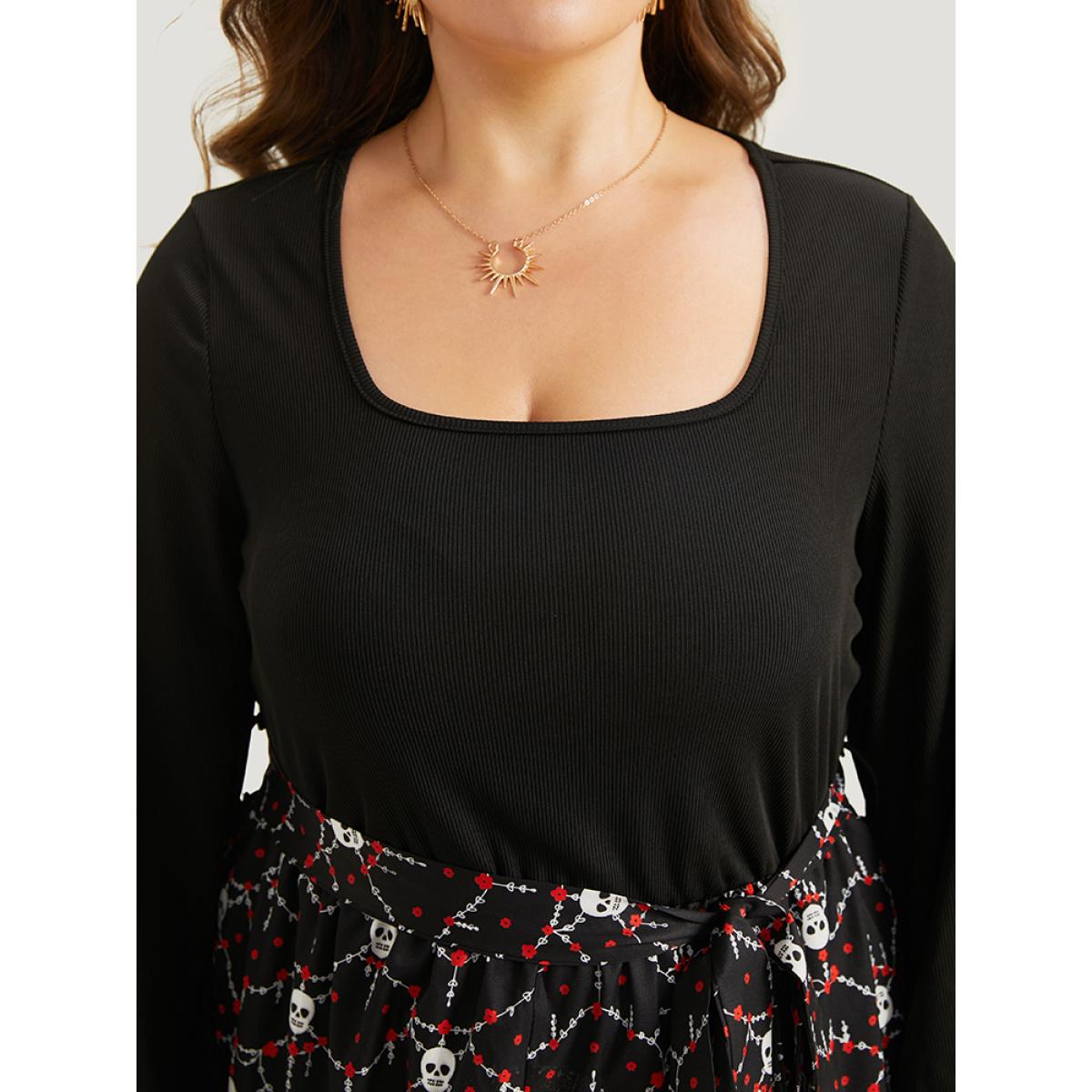 Plus Size Black Halloween Skull Print Patchwork Belted Jumpsuit Women Elegant Long Sleeve Square Neck Festival-Halloween Loose Jumpsuits BloomChic 26/4X Product Image