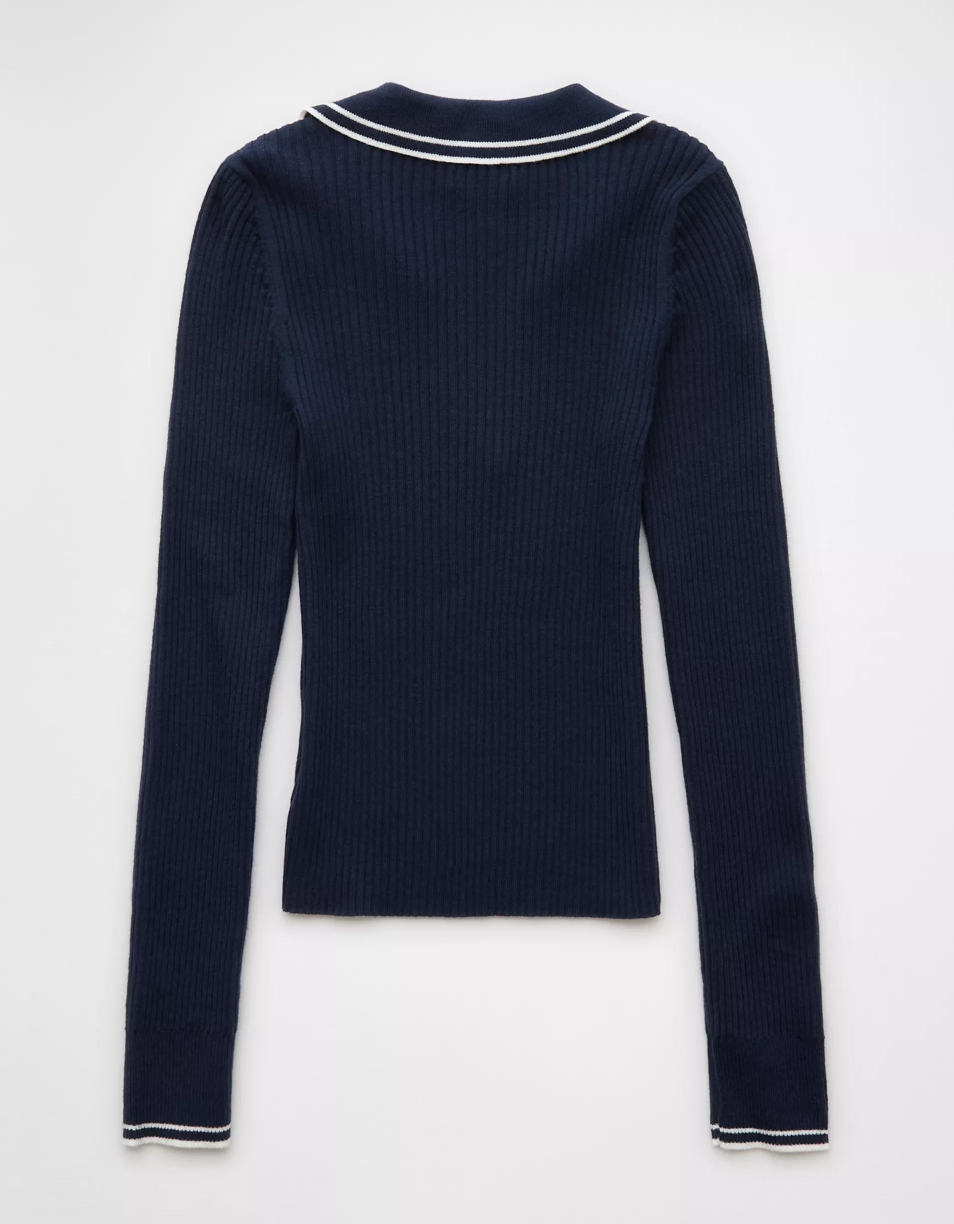 AE Long-Sleeve Collared Polo Sweater Product Image