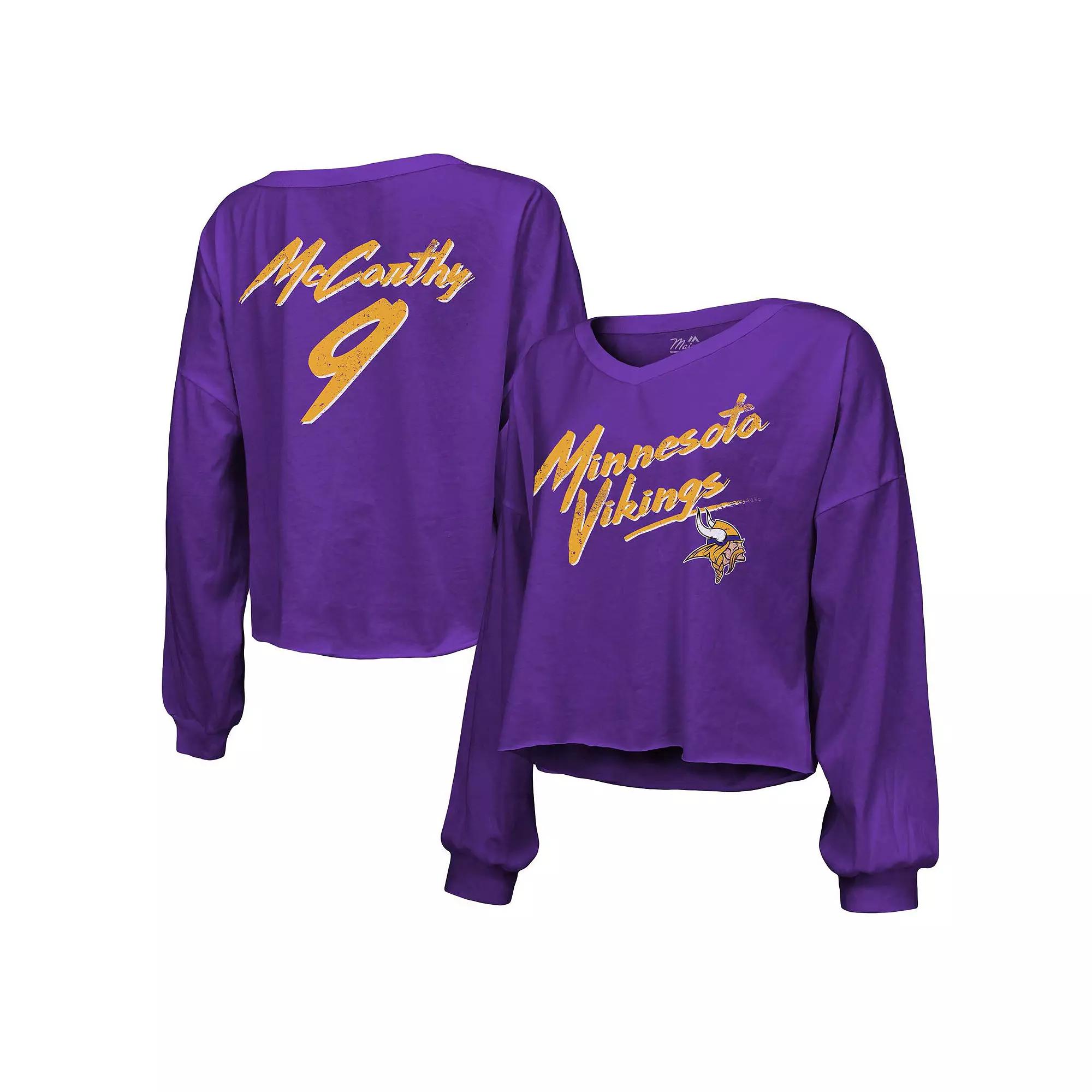 Women's Majestic Threads J.J. McCarthy Purple Minnesota Vikings Name & Number Off-Shoulder Script Cropped Long Sleeve V-Neck T-Shirt,  Product Image