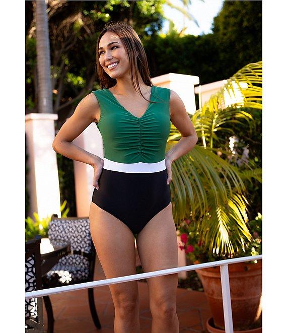 Janela Bay Colorblock V-Neck Ruched Tank One Piece Swimsuit Product Image