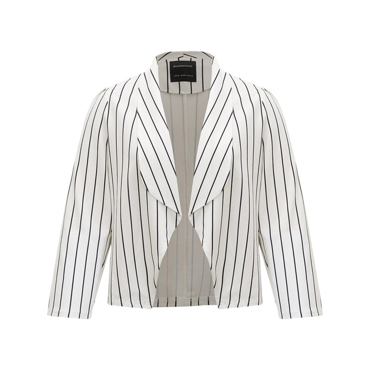 Plus Size Striped Lapel Collar Open Front Blazer White Women Office Striped Asymmetrical Sleeve Long Sleeve Lapel Collar 18-20/2X At the Office Blazers BloomChic Product Image
