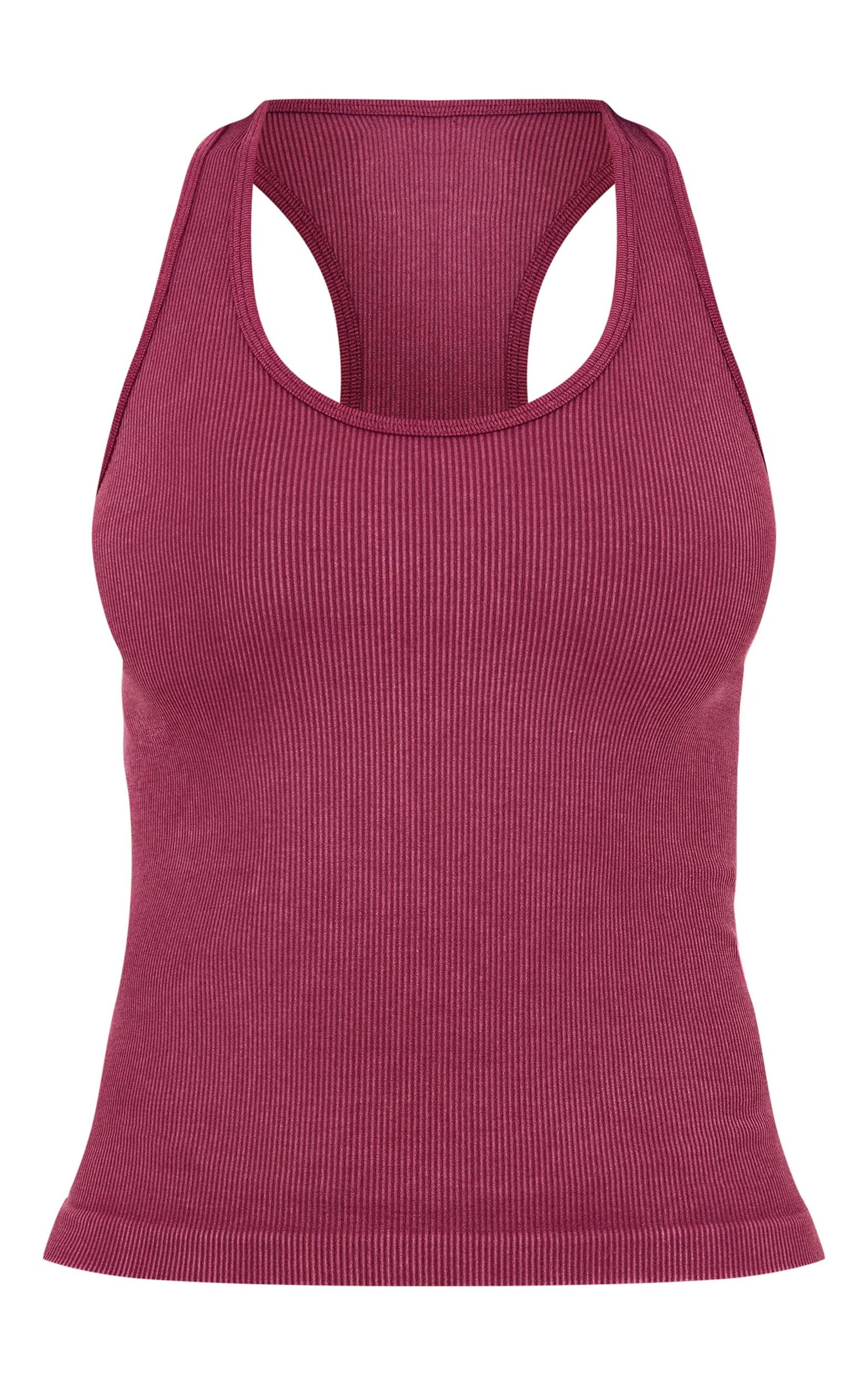 Deep Burgundy Acid Wash Seamless Rib Halter Neck Gym Top Product Image
