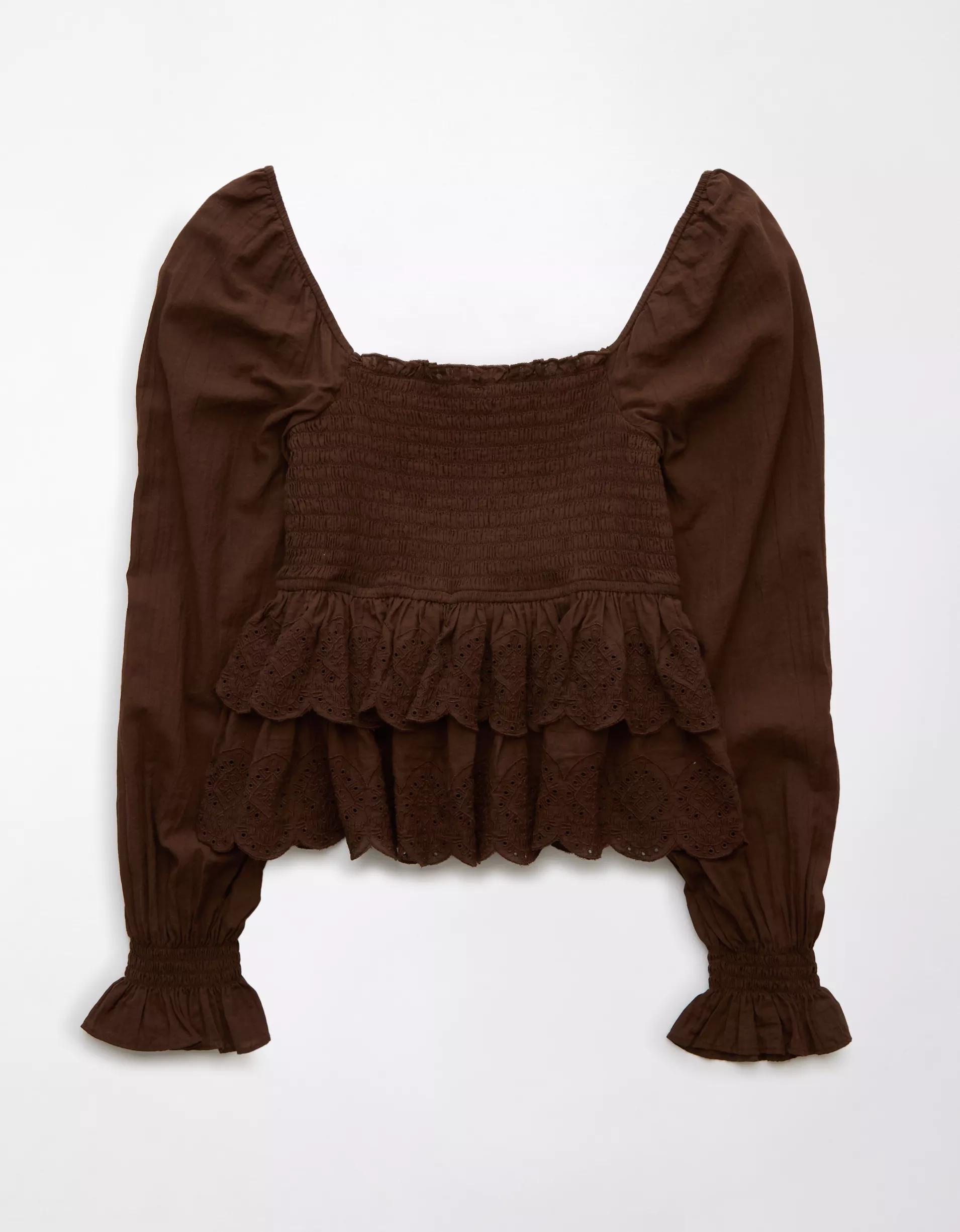 AE Long-Sleeve Smocked Tiered Top Product Image