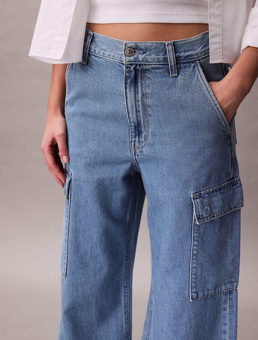 Tencel Blend Wide Leg Cargo Jeans Product Image