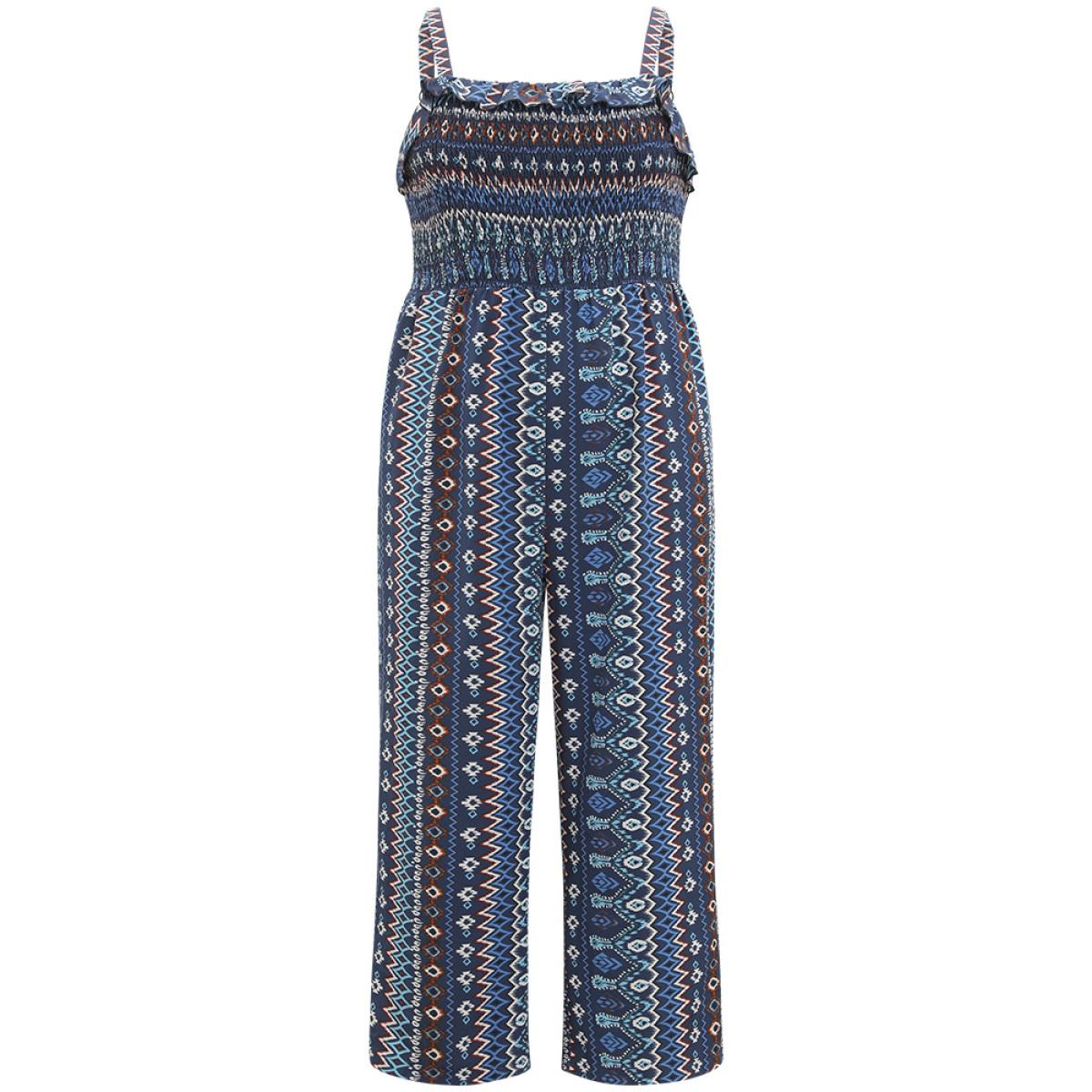 Plus Size DarkBlue Boho Print Shirred Pocket Elastic Wais Ruffle Trim Cami Jumpsuit Women Elegant Sleeveless Spaghetti Strap Dailywear Loose Jumpsuits BloomChic 14-16/1X Product Image
