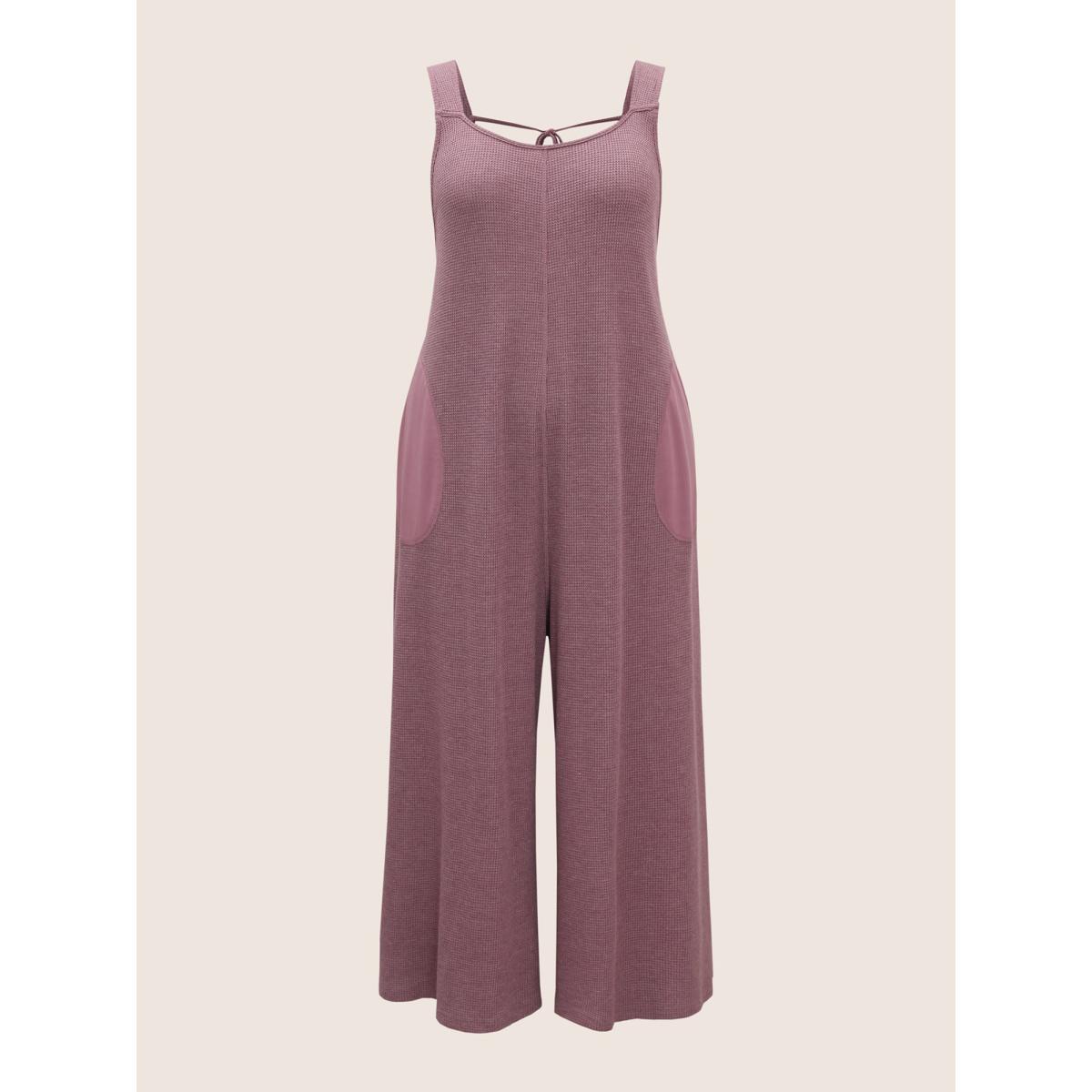 Plus Size Mauve Waffle Knit Tie Knot Wide Leg Jumpsuit Women Casual Sleeveless Heart neckline Everyday Loose Jumpsuits BloomChic 28/5X Product Image
