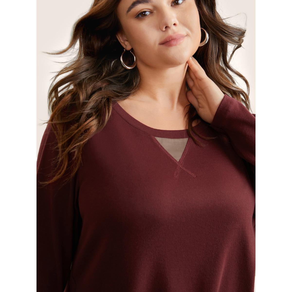 Plus Size Two Tone Patchwork Button Front T-shirt Burgundy Women Casual Contrast Plain Round Neck Dailywear T-shirts BloomChic 28/5X Product Image