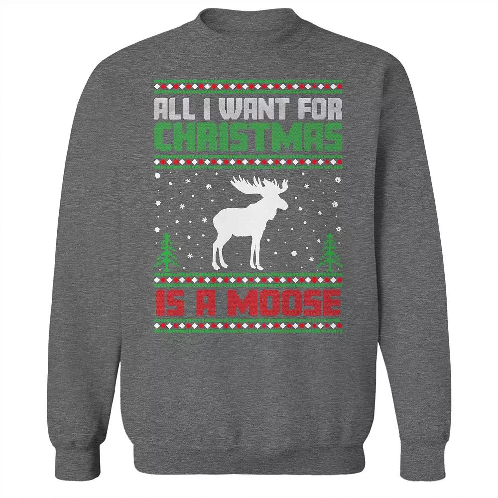 Men's Ugly Christmas Sweater Moose Graphic Sweatshirt, Size: Small, Grey Heather Product Image