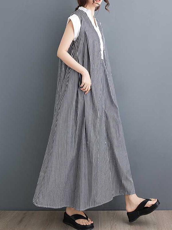 Cap Sleeve Loose Buttoned Striped Lapel Maxi Dresses Shirt Dress Product Image