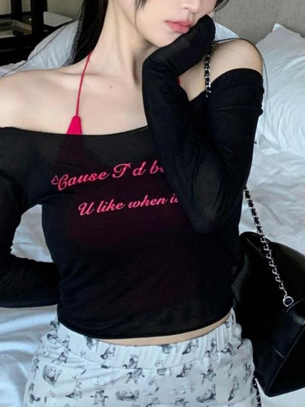 Letter Print Off Shoulder Long Sleeve Tee Product Image