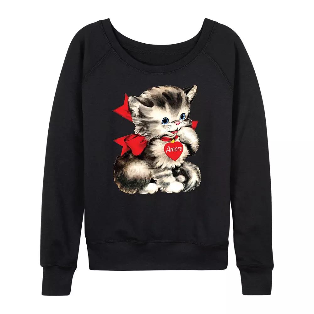 Women's Amore Vintage Valentine's Kitten French Terry Long Sleeve Tee,  Product Image