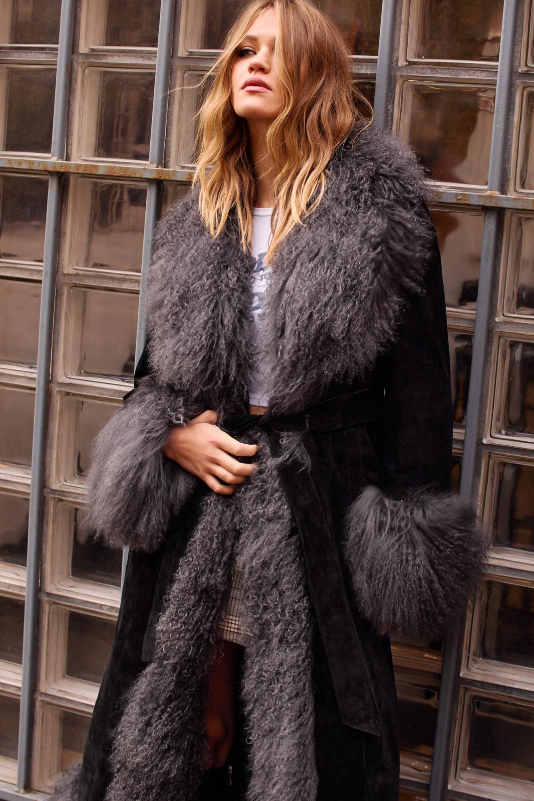 Maxi Suede Fur Trim Coat Product Image