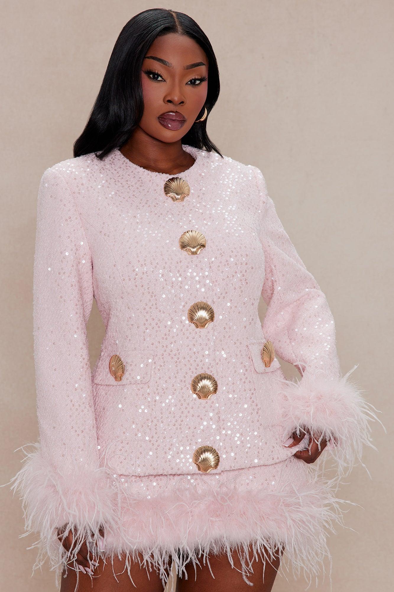 Chelley Feathered Sequin Tweed Skirt Set - Pink Female Product Image