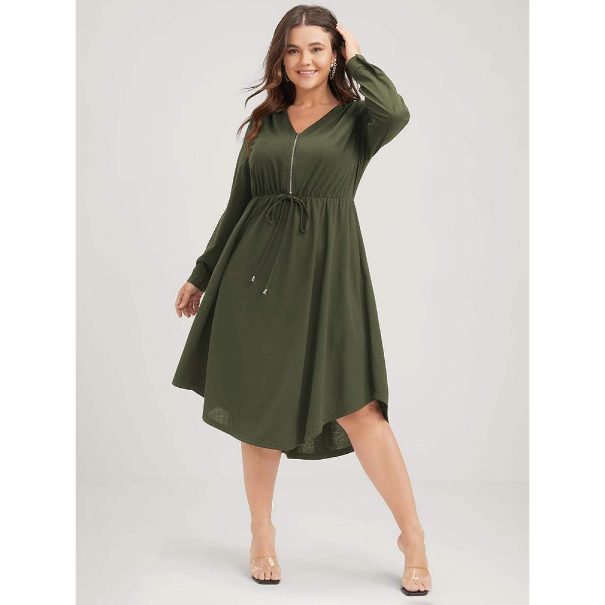 Plus Size Solid Zipper Pocket Flutter Drawstring Asymmetrical Hem Dress ArmyGreen Women Office Zipper V-neck Long Sleeve Curvy Midi Dress BloomChic 12/L Product Image