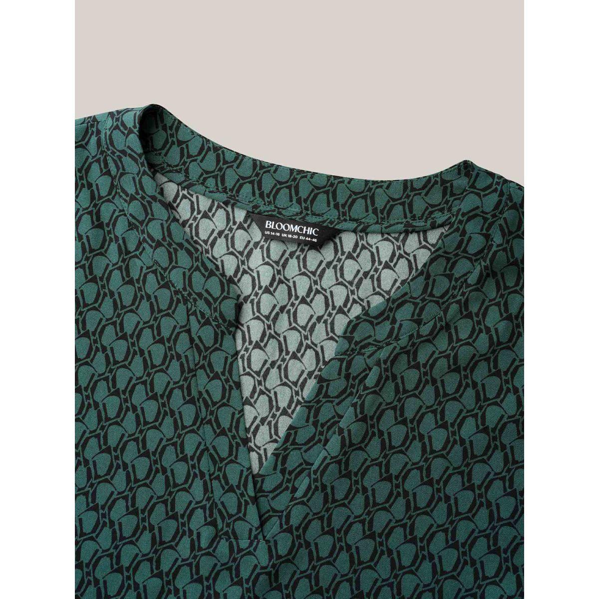 Plus Size DarkSlateGray Notched Collar Geometric Print Flowy Blouse Women Timeless Extra Long Sleeve Flat collar with V-notch Elegant Blouses BloomChic 10/M Product Image