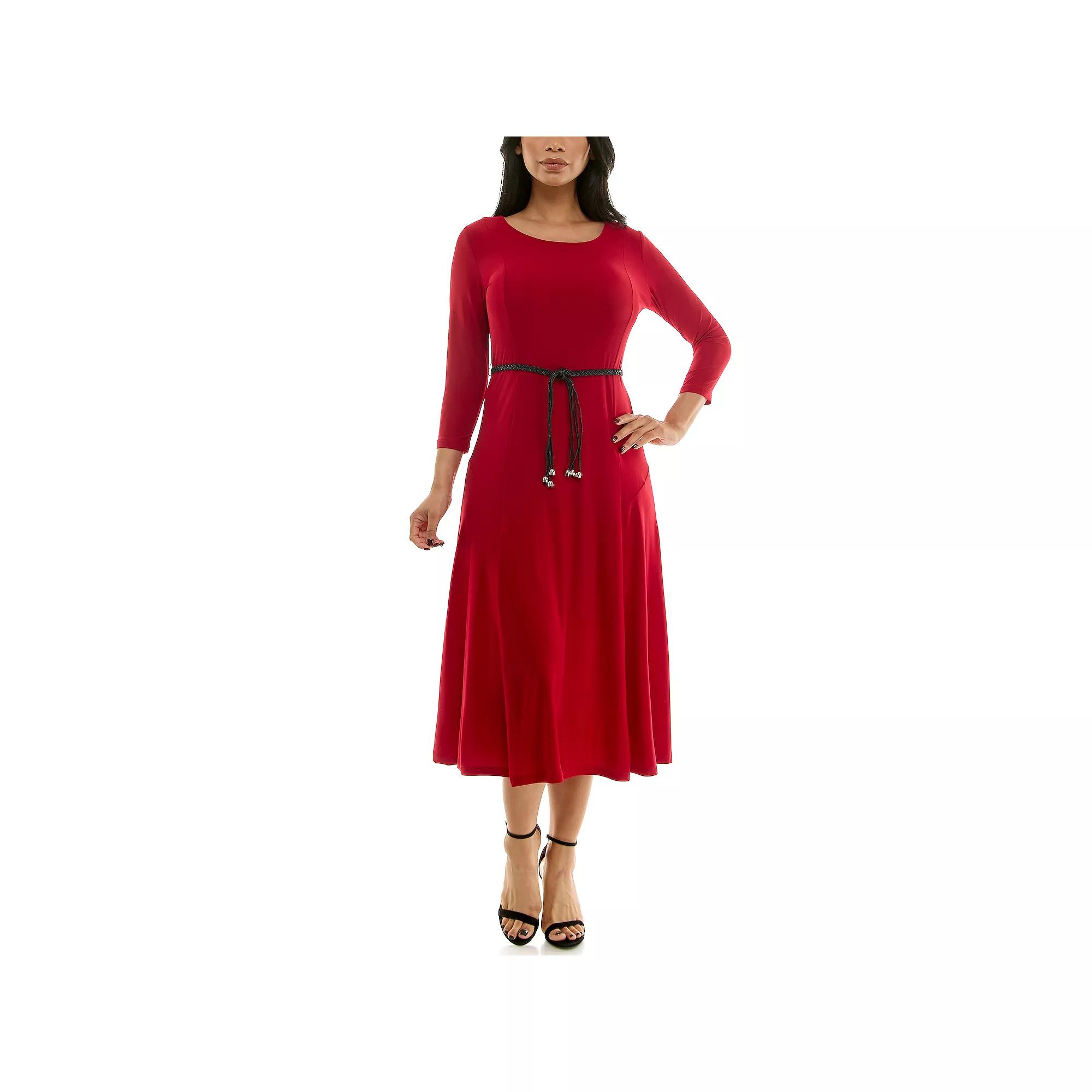 Women's Nina Leonard Sylvia Three-Quarter Sleeve Belted Midi Dress,  Product Image