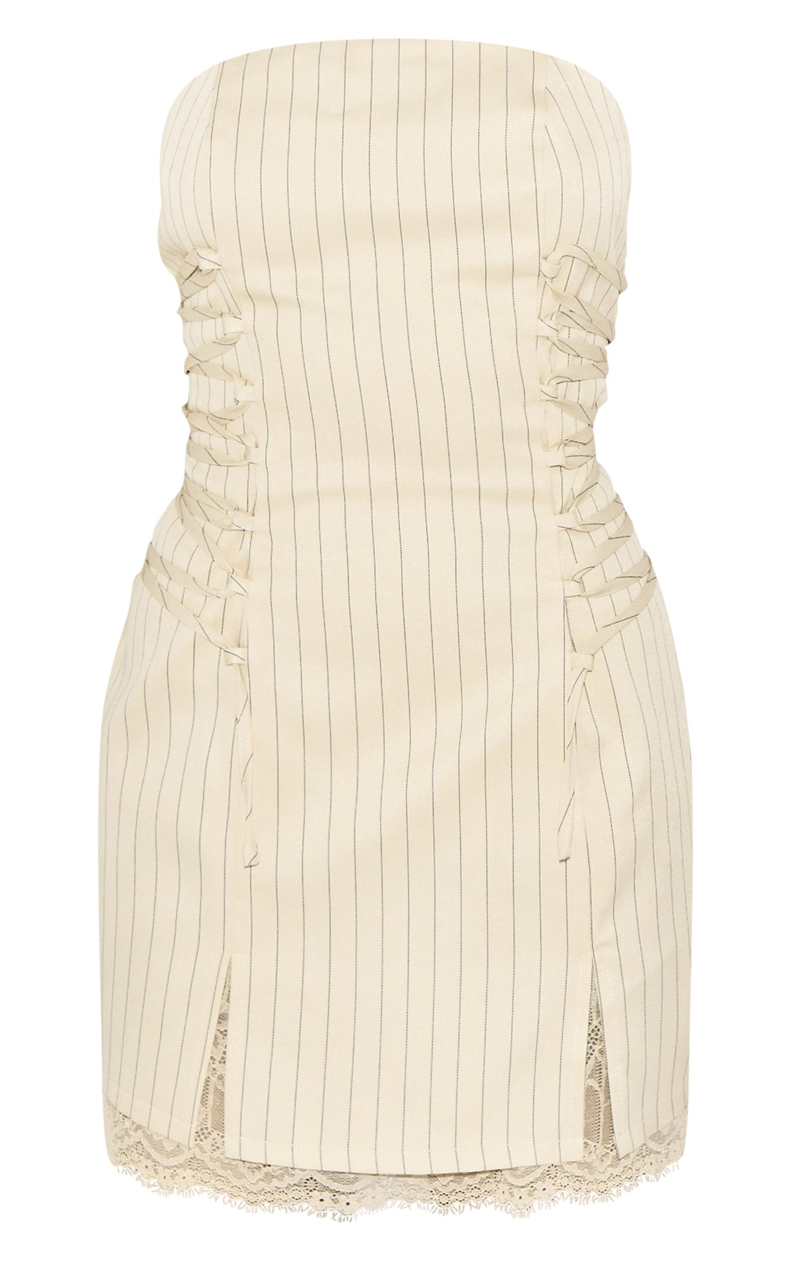 Cream Pinstripe Bandeau Lace Trim Shift Dress Product Image