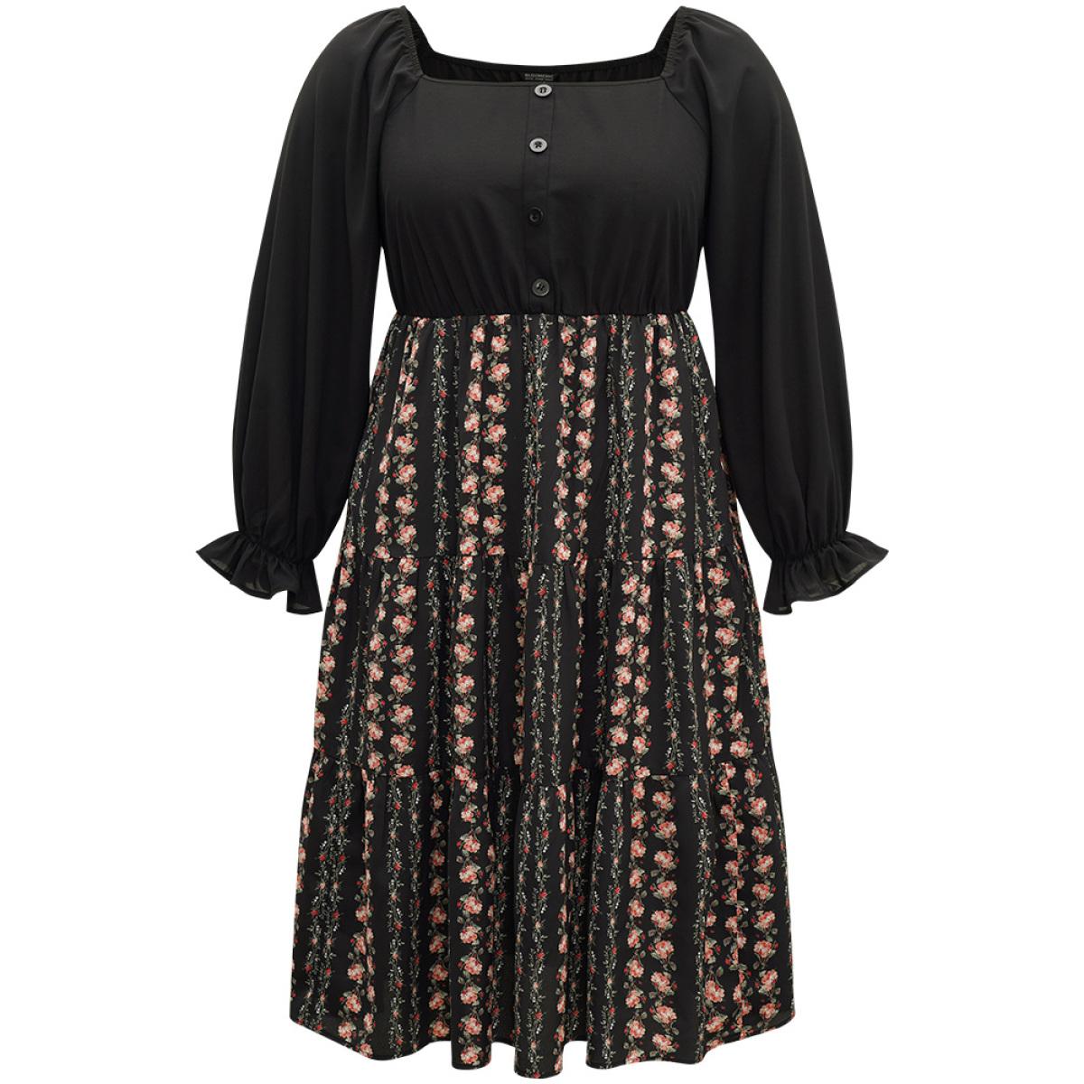 Plus Size Floral Ruffle Layered Hem Square Neck Dress Black Women Office Elastic cuffs Square Neck Long Sleeve Curvy Midi Dress BloomChic 30/6X Product Image