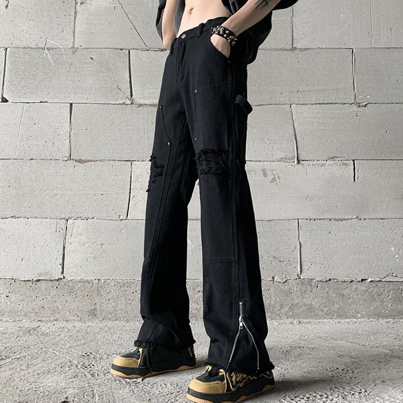 Sopula Trendy Retro Street Ripped Zipper Patchwork Slim Fit Bootcut Jeans Product Image