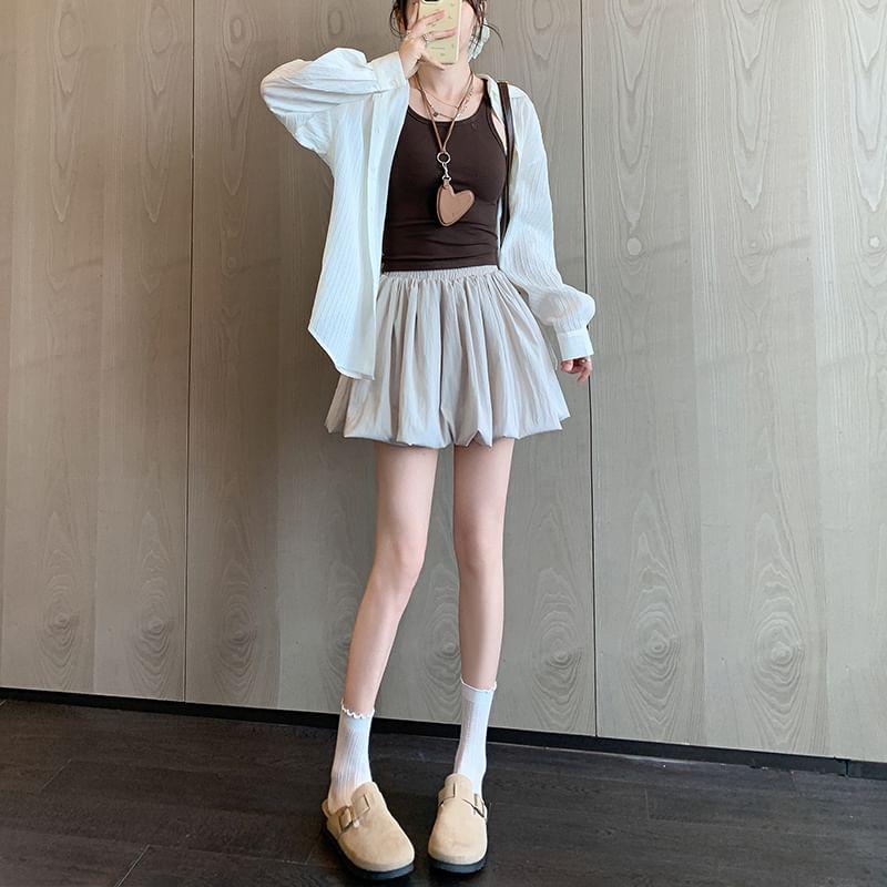 High Waist Plain Bubble Hem Mini A-Line Skort Product Image