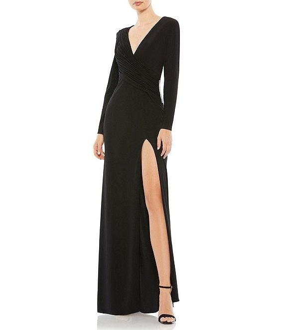 Mac Duggal Jersey Asymmetrical Ruched V-Neck Long Sleeve Thigh High Slit Sheath Gown Product Image