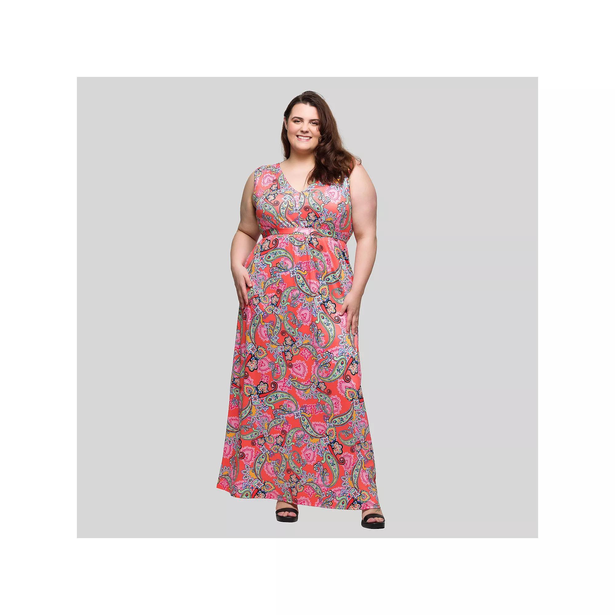 Plus Size 24Seven Comfort Apparel V-Neck Empire Waist Sleeveless Maxi Dress, Women's, Size: 2XL, Pink Team Product Image