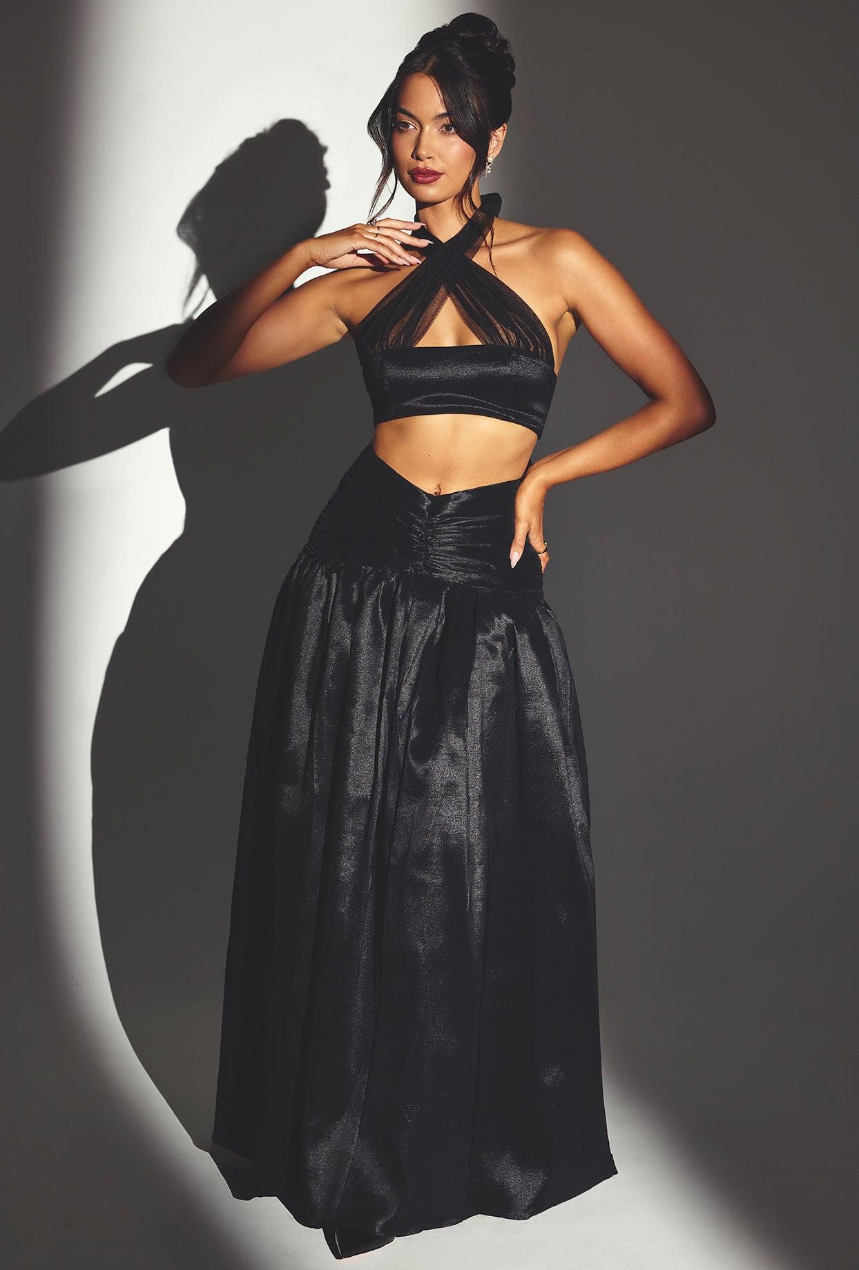 Woven Twill Voluminous Maxi Skirt in Jet Black Product Image