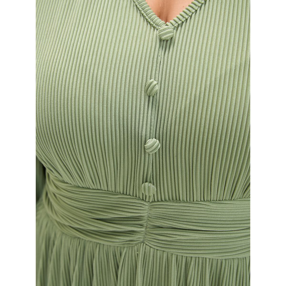 Plus Size Plain Button Detail Pocket Ruched Rib Knit Flutter Dress Moss Women Elegant Plain V-neck Long Sleeve Curvy Midi Dress BloomChic 12/L Product Image