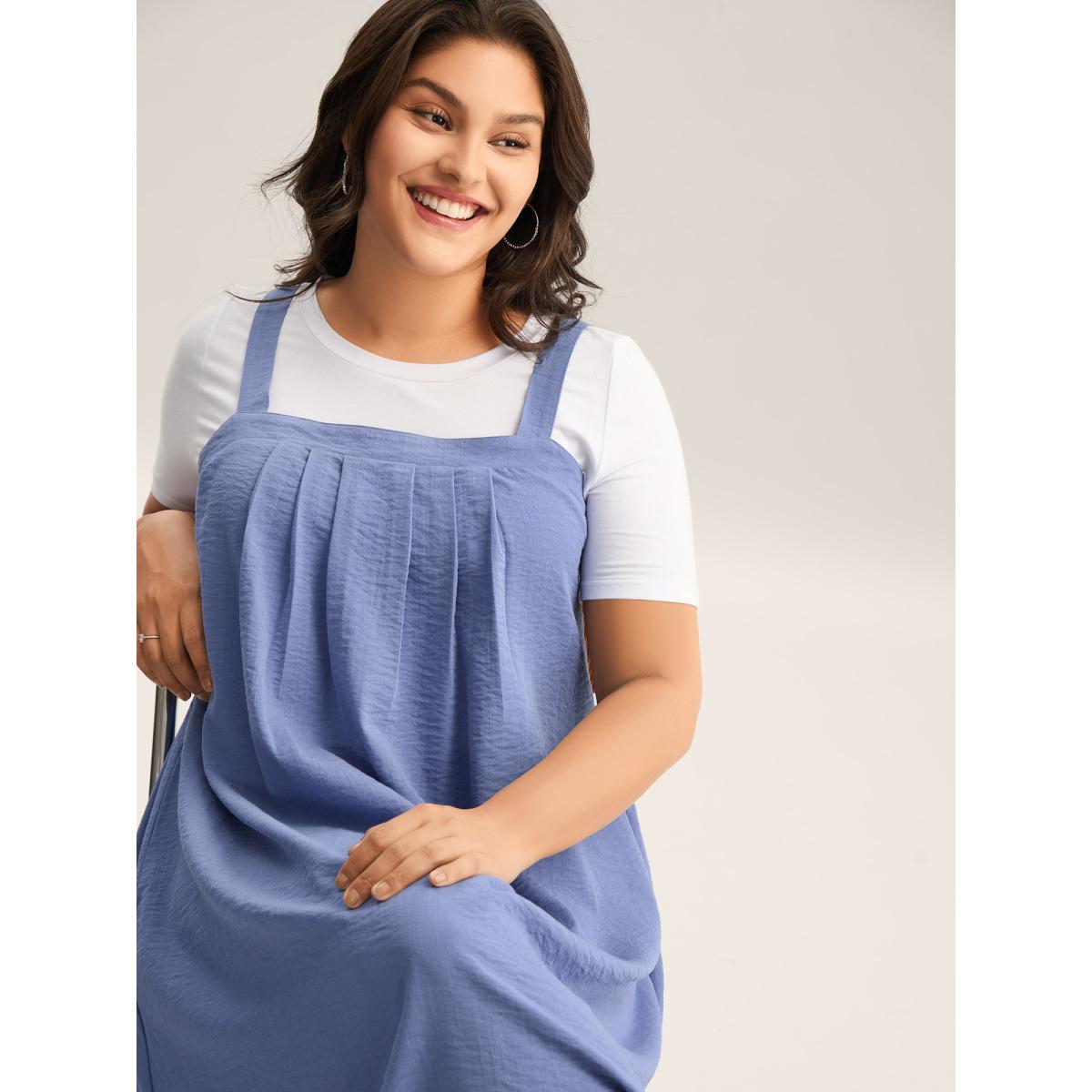 Plus Size Adjustable Straps Pockets Plain Midi Dress Mediumblue Women Non Sleeveless Curvy BloomChic 12/L Product Image