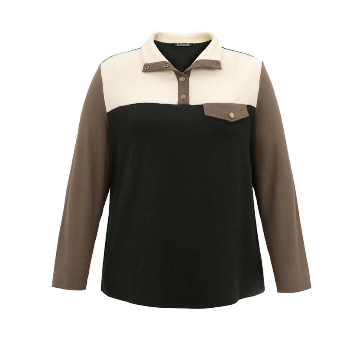 Plus Size Contrast Patchwork Button Up Flap Detail Sweatshirt Women Black Casual Contrast Lapel Collar Dailywear Sweatshirts BloomChic 14-16/1X Product Image