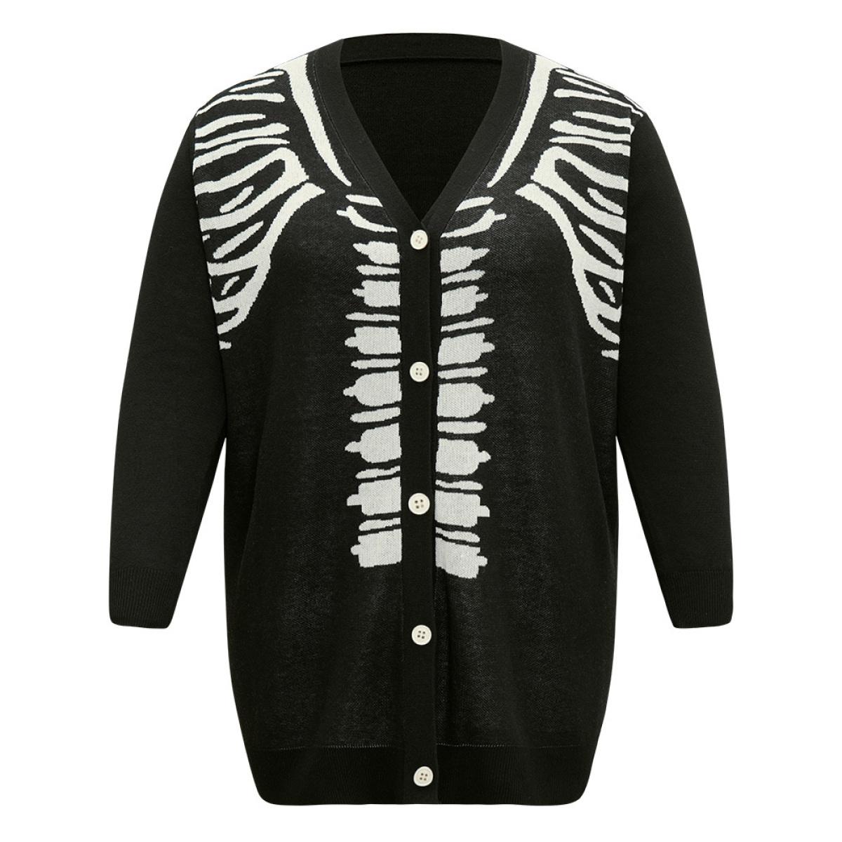 Plus Size Halloween Skull Print Slightly Stretchy Cardigan Black Women Casual Loose Long Sleeve Festival-Halloween Cardigans BloomChic 12/L Product Image
