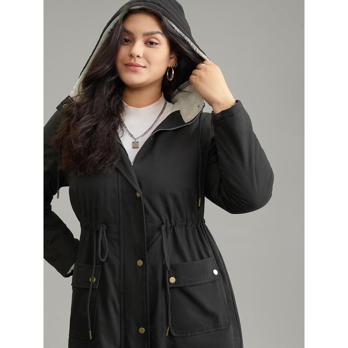 Plus Size Patchwork Drawstring Fuzzy Trim Hooded Zipper Coat Women Black Casual Lined Ladies Dailywear Winter Coats BloomChic 14-16/1X Product Image