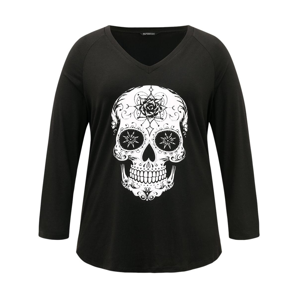 Plus Size Halloween Skull Print Long Sleeve T-shirt Black Women Casual Printed Halloween Festival-Halloween T-shirts BloomChic 18-20/2X Product Image