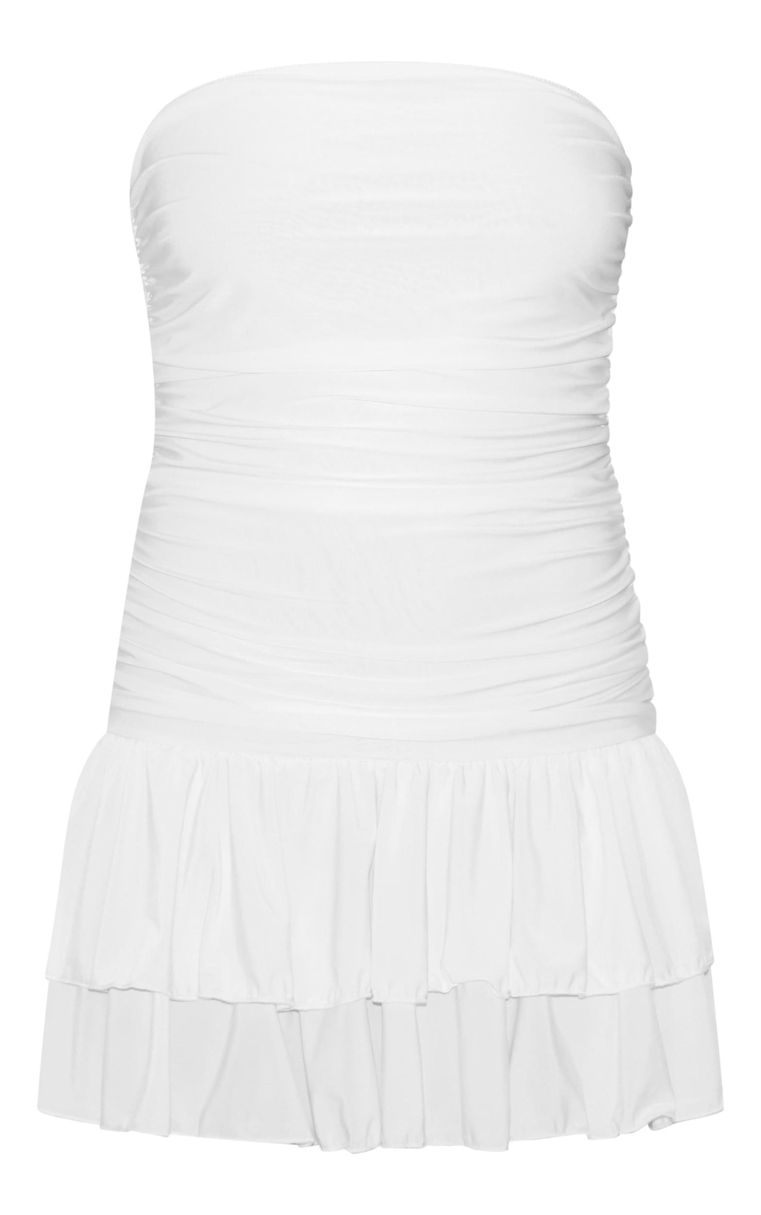 Cream Slinky Ruched Tiered Shift Dress Product Image