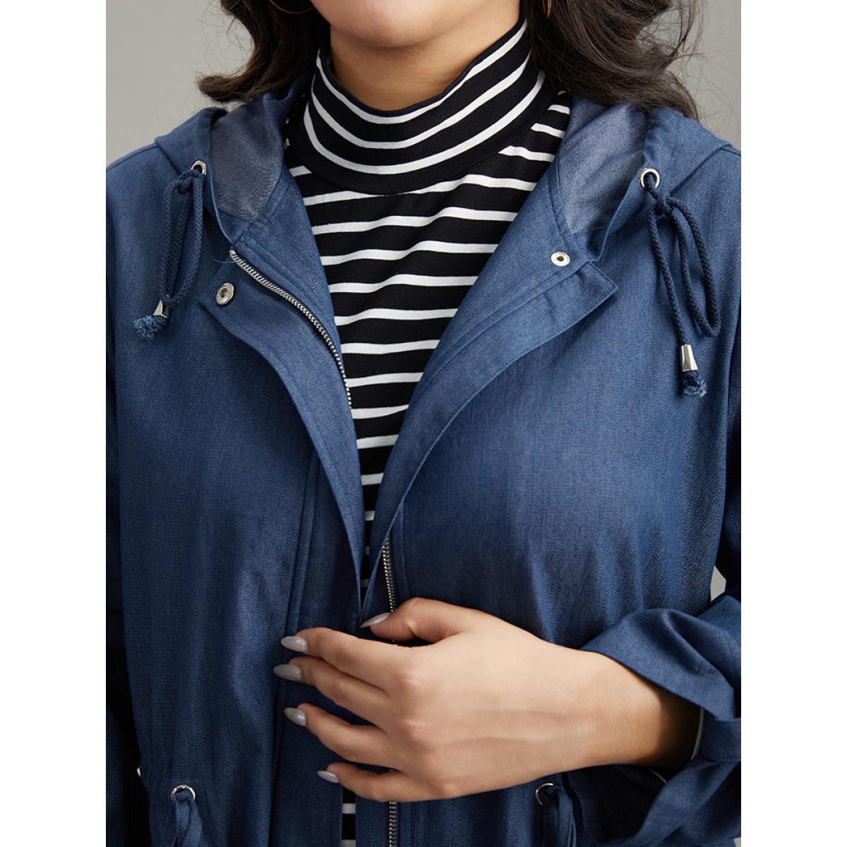 Plus Size Solid Drawstring Knot Zipper Windbreaker Women Indigo Plain Pocket Everyday Jackets BloomChic 12/L Product Image