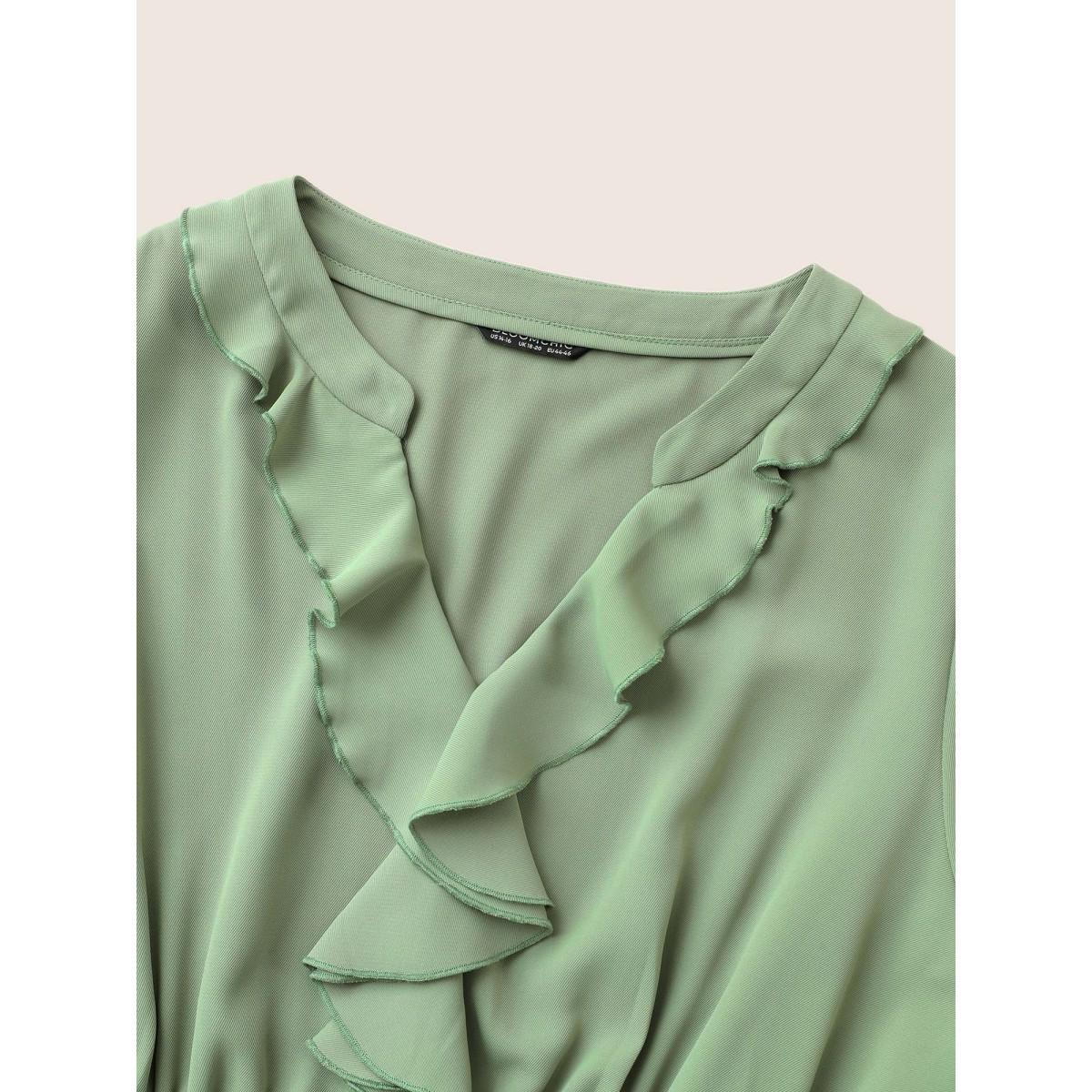 Plus Size Static-Free Solid Ruffles Gathered Layered Hem Dress Sage Women Elegant Non Notched collar Elbow-length sleeve Curvy Midi Dress BloomChic 12/L Product Image